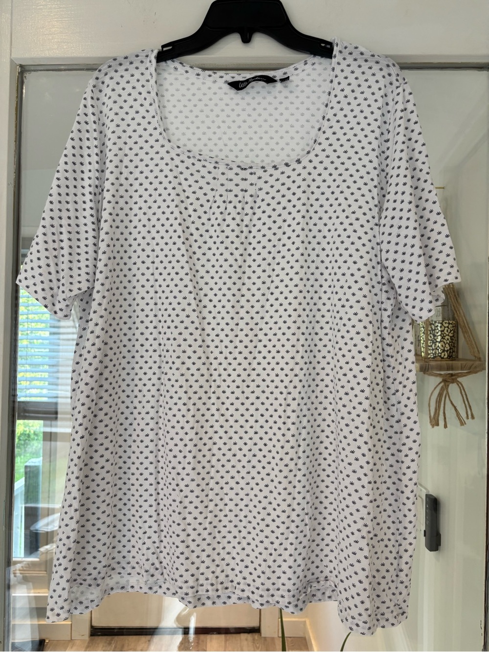 Ulla Popken White Short Sleeve Scoop Neck Top with Micro Black Dot Print